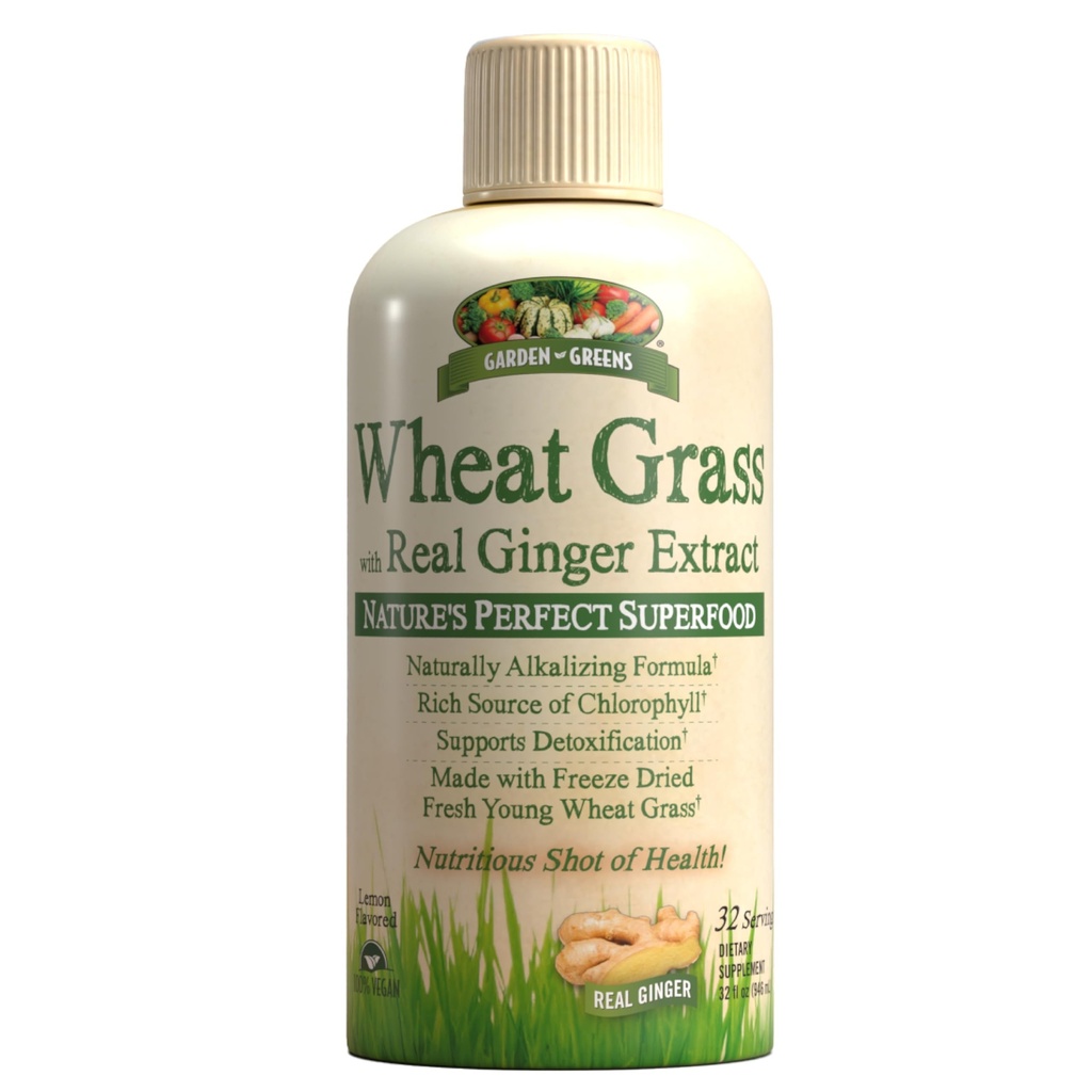 Garden Greens Wheat Grass Liquid with Real Ginger Extract, Nature's Perfect Superfood, 32 porciones