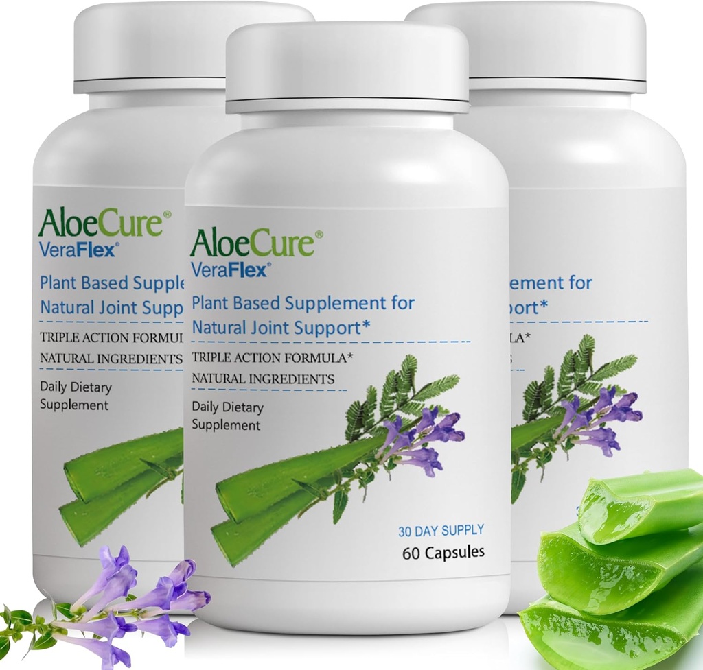 AloeCure VeraFlex Suplemento Natural de Salud Conjunta con USDA Organic Aloe Vera - Cápsulas basadas en plantas para apoyar el confort conjunto, la movilidad y la flexibilidad - 60 cápsulas - 3-Pack