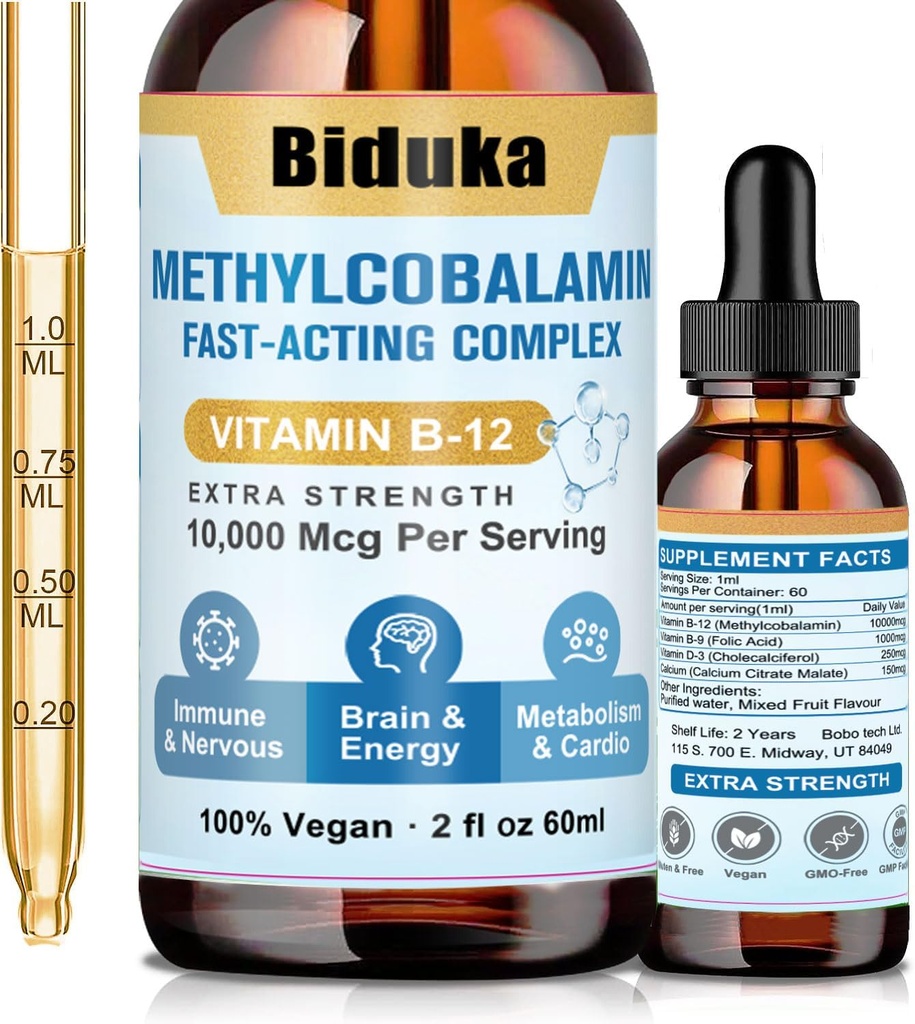 10.000 mg Vitamina B12 Sublingual Liquid Drops, Fórmula Única con D3, B9(Acid Alimentario), Calcio, Energía de Apoyo, Corazón, Mood, Cerebro, Sistema Inmunitario, Vegetariano, No GMO & Gluten Free