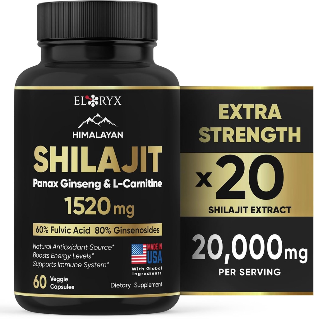 Himalayan Shilajit Supplement, 60 Capsules, Extract Powder, 60% Ácido Fulvic, 85+ Minerales Trace, Energy &amp; Immune Support Shilajit for Men & Mujer, Alternative to Authentic Resin or Pills USA Made