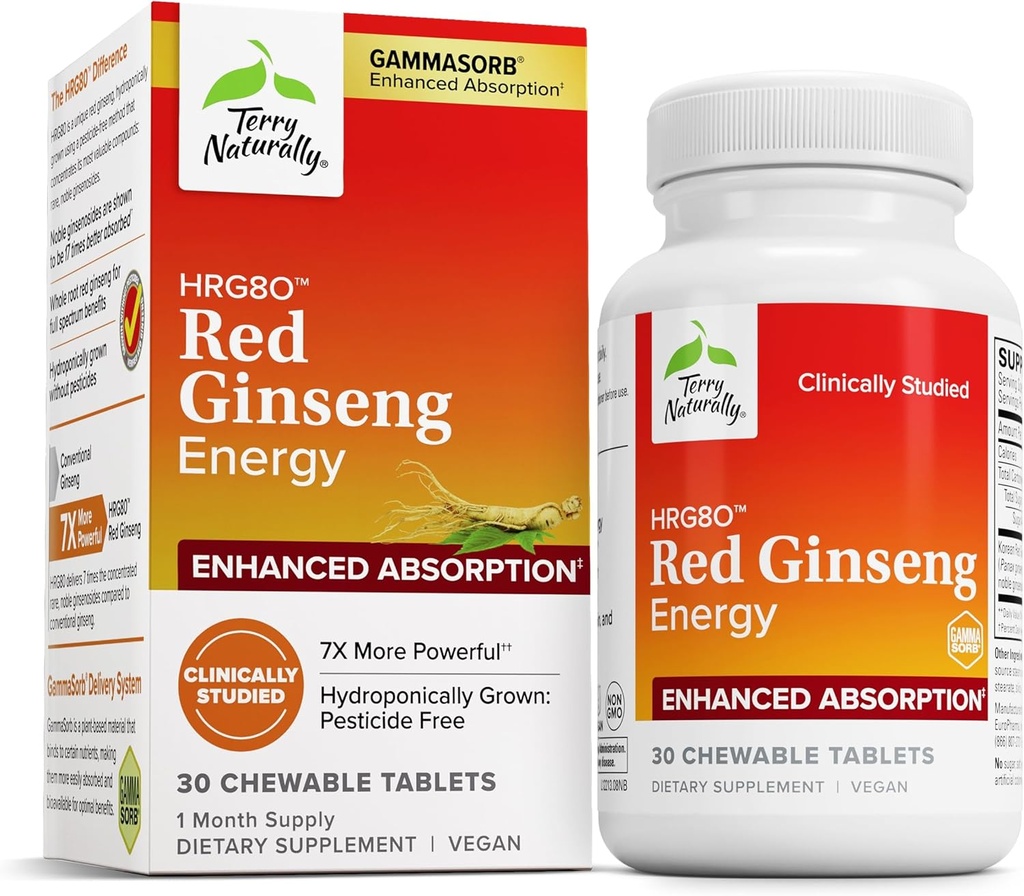 Terry Naturalmente HRG80 Red Ginseng Energy - Apoyo a la energía saludable & Focus - Suplemento herbal con coreano Red Ginseng Root Powder - Tablas vegas para ayudar a la resistencia saludable - 30 Tablas Chewable