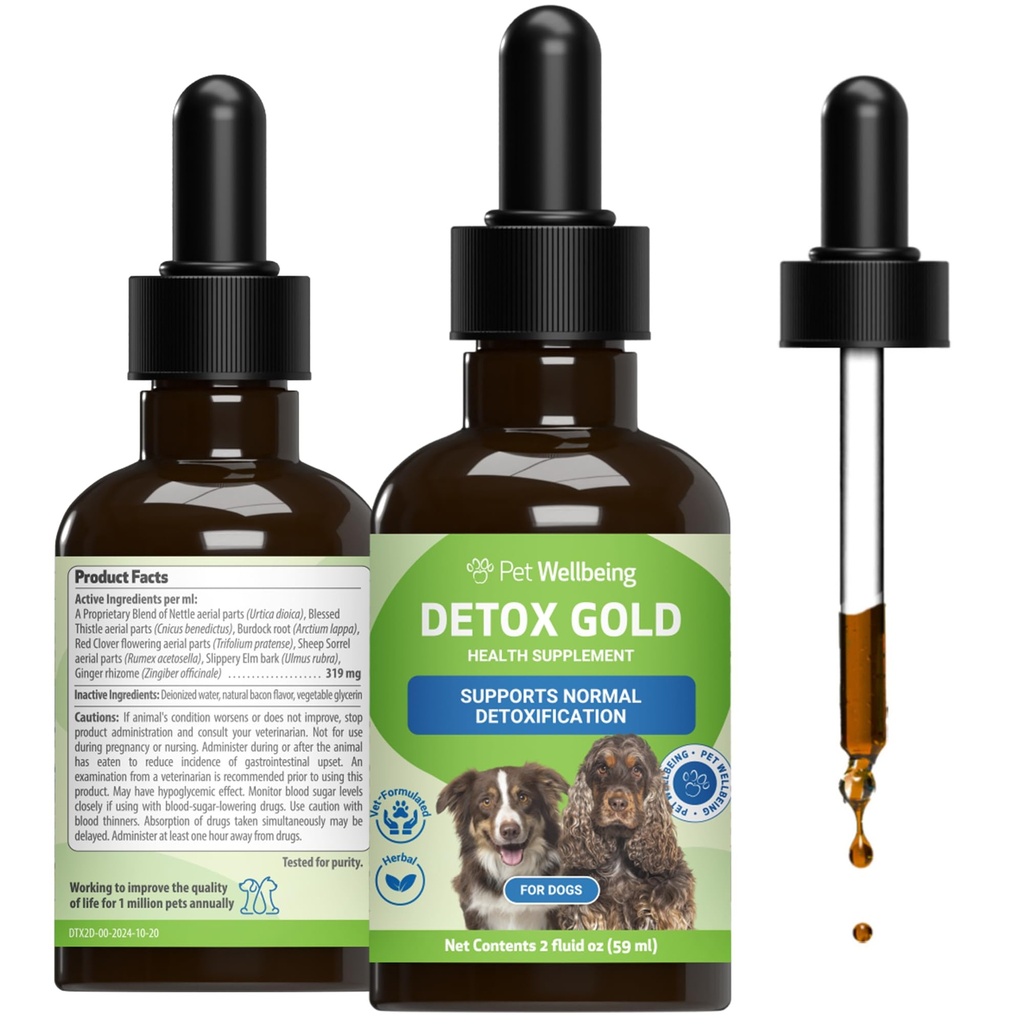 Pet Wellbeing Detox Gold for Dogs - Gentle Detoxification & Elimination Support, Immune System Care, Nettle, Beat Thistle, Burdock Root - Veterinarian-Formulated Herbal Suplemento 2 oz (59 ml)