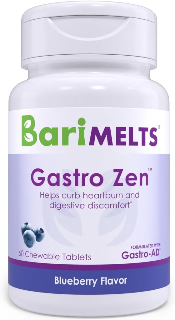 BariMelts Gastro Zen® con Gastro-AD®, 60 Tabletas Chewable (1-Mes de suministro), Postbióticos para el alivio de acidez cardiaca y la salud de Gut Después de la Cirugía Bariat