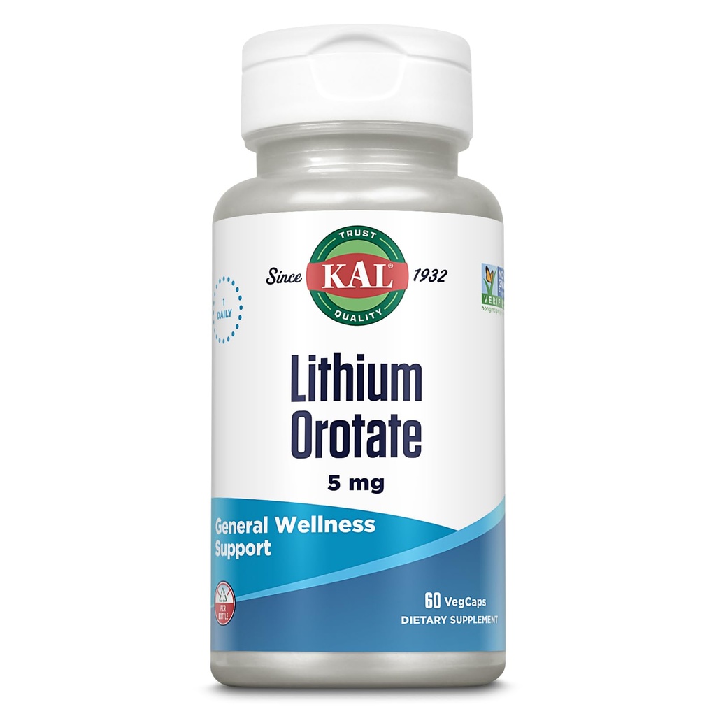 KAL Lithium Orotate 5mg ← Bajo servicio de Litio Chelated Orotate for Bioavailability & Mood Support  durable in Organic Rice Bran Extract Base ← 60 VegCaps