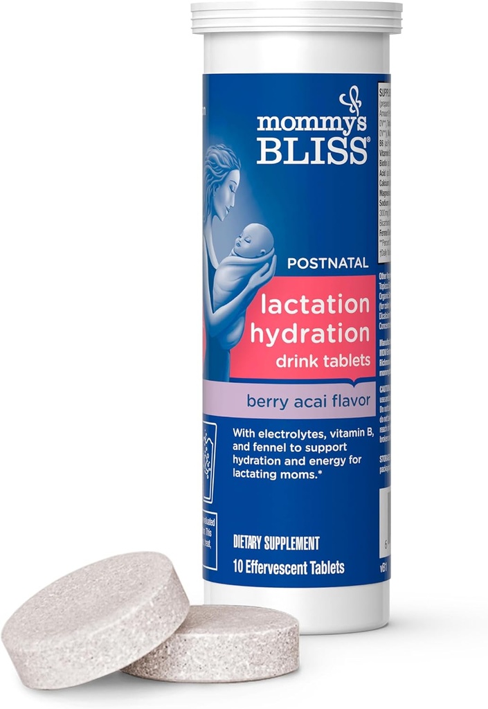 Mami's Bliss Lactation Hydration Drink Tablets, Berry Acai Flavor, Electrolyes + B Vitaminas, 1 Pack (10 Tablets)
