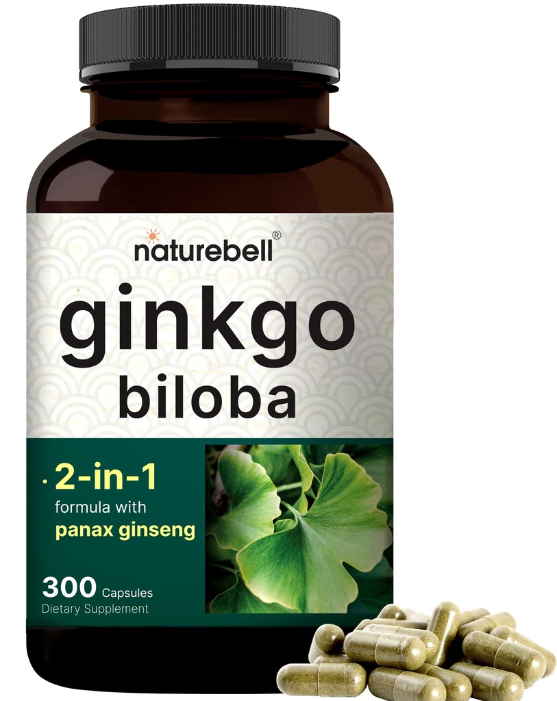 NatureBell Ginkgo Biloba 6.000mg con Panax Ginseng 500mg Por Serving Silencio 300 Capsules – Max Strength Ginko Biloba Extracto Suplementos - promueve la memoria, el foco y la salud cerebral