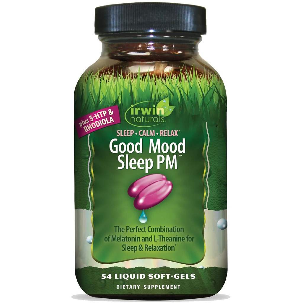 Irwin Naturals Good Mood Sleep PM - 54 Liquid Softgels - con Melatonina y L-Theanine para el descanso &amp; Relax - 18 Total Servings