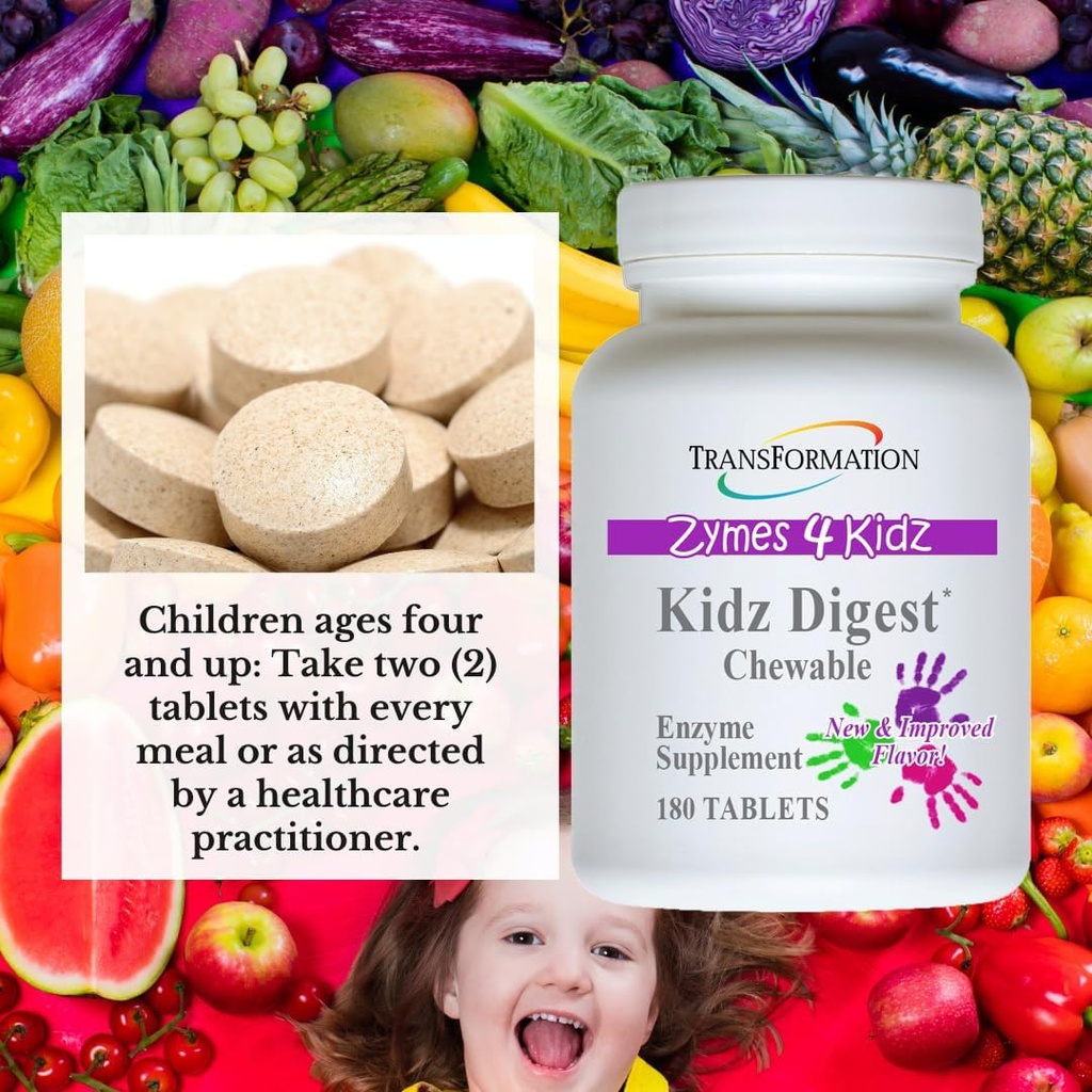TRANSFORMACIÓN LA GENESIS DE LA BUENA SALUD Enzymes Kidz Digestive Enzyme Supplement Chewable, Promote Healthy & Complete Digestion & Elimination, 180 Tablets