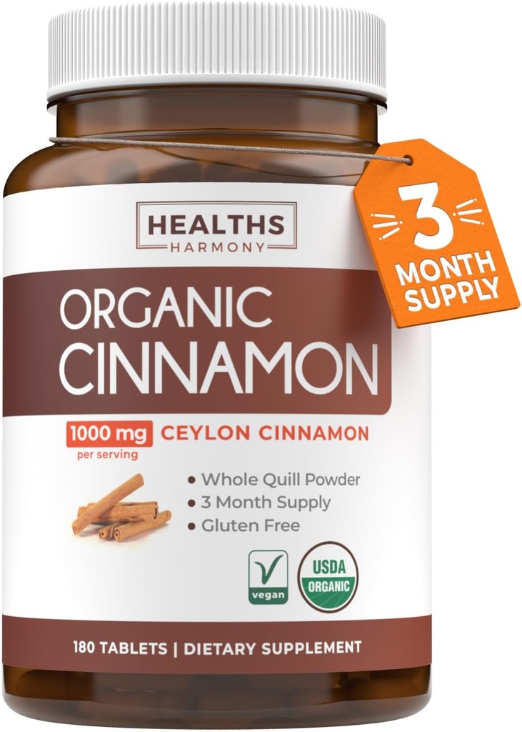 USDA Píldoras ecológicas de canela de Ceillón - Suplemento de canela de Ceilón de alta potencia con 1000 mg por servicio para el soporte completo del cuerpo antioxidante - Vegan no GMO cGMP Verificado (3 meses de suministro)