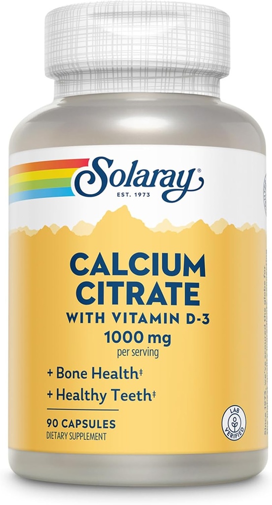 Citrato de calcio de Solaray con vitamina D3 1000mg - Fuerza de bonificación y tejido saludable - Fórmula de digestión suave - Garantía de 60 días - 15 servicios, 90 cápsulas