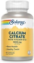 Citrato de calcio de Solaray con vitamina D3 1000mg - Fuerza de bonificación y tejido saludable - Fórmula de digestión suave - Garantía de 60 días - 15 servicios, 90 cápsulas