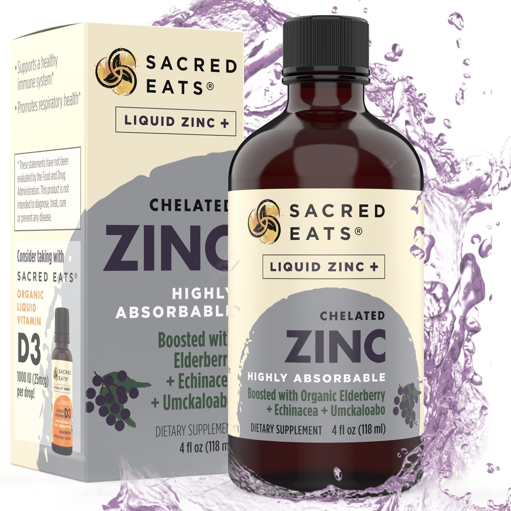 Zinc líquido (Glycinate Chelate) con Elderberry &amp; Echinacea orgánico (High in Quercetin) Silencio 4-in-1 Immune Suport Supplement for Adults &amp; Kids, Great Tasting ← Alcohol " Gluten Free, Non GMO (4.0 Oz)
