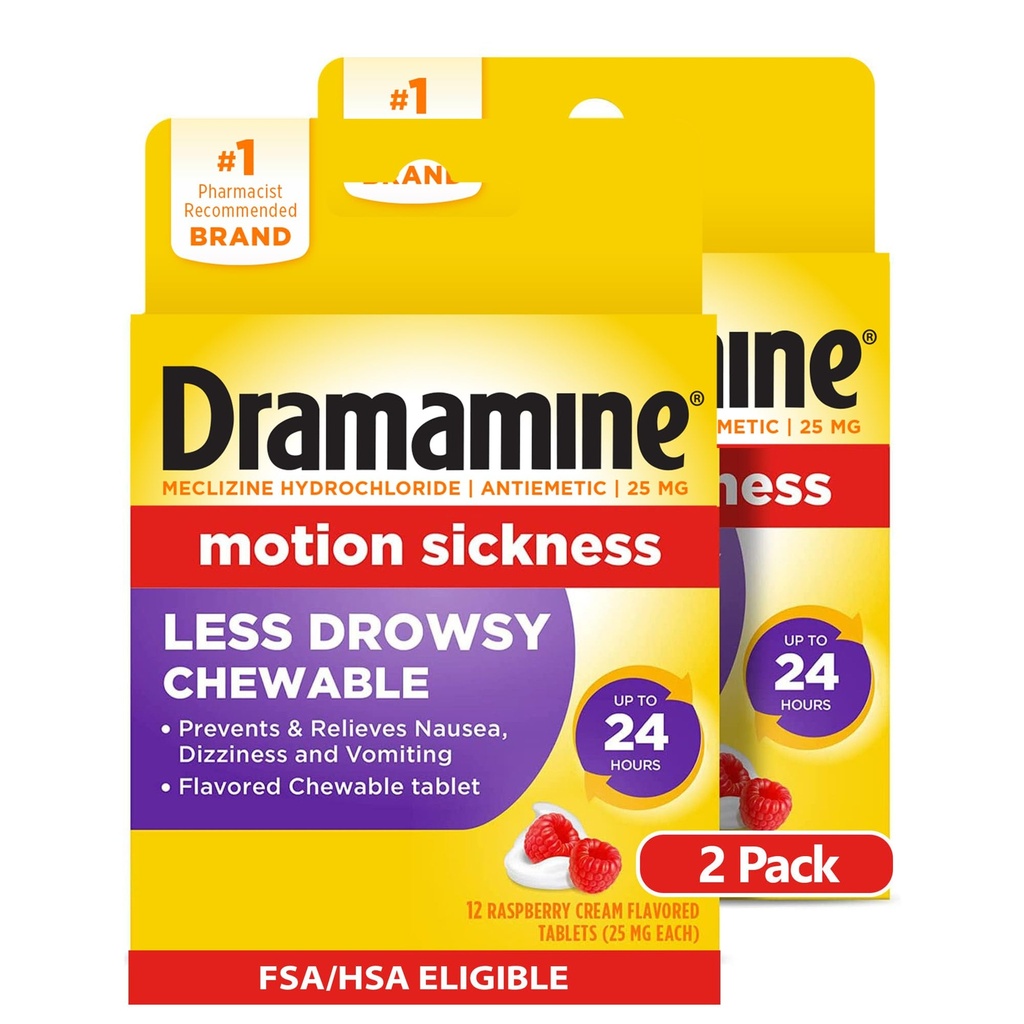 Dramamine Chewable Less Drowsy, Motion Sickness Relief, Raspberry Cream Flavor, 12 Cuenta, 2 Pack