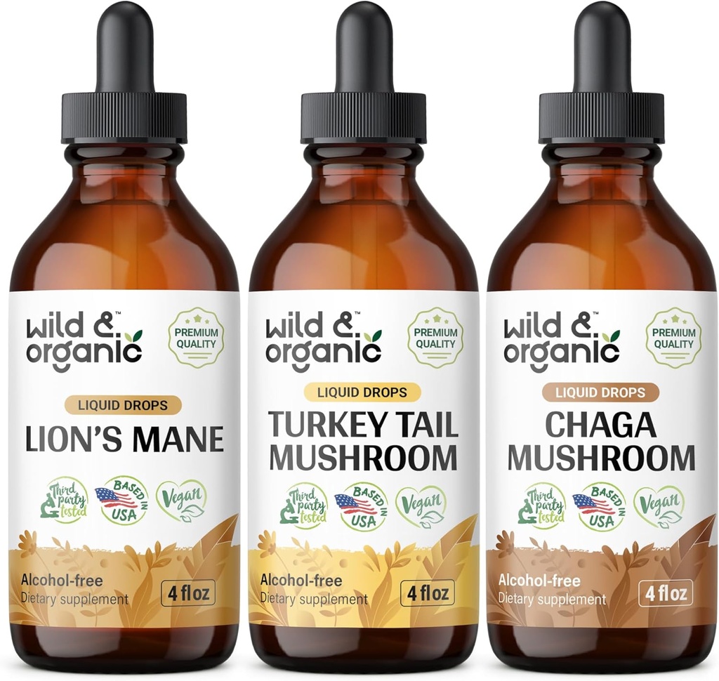 Mane de león orgánico salvaje, Turquía Tail & Chaga Mushroom Tinctures