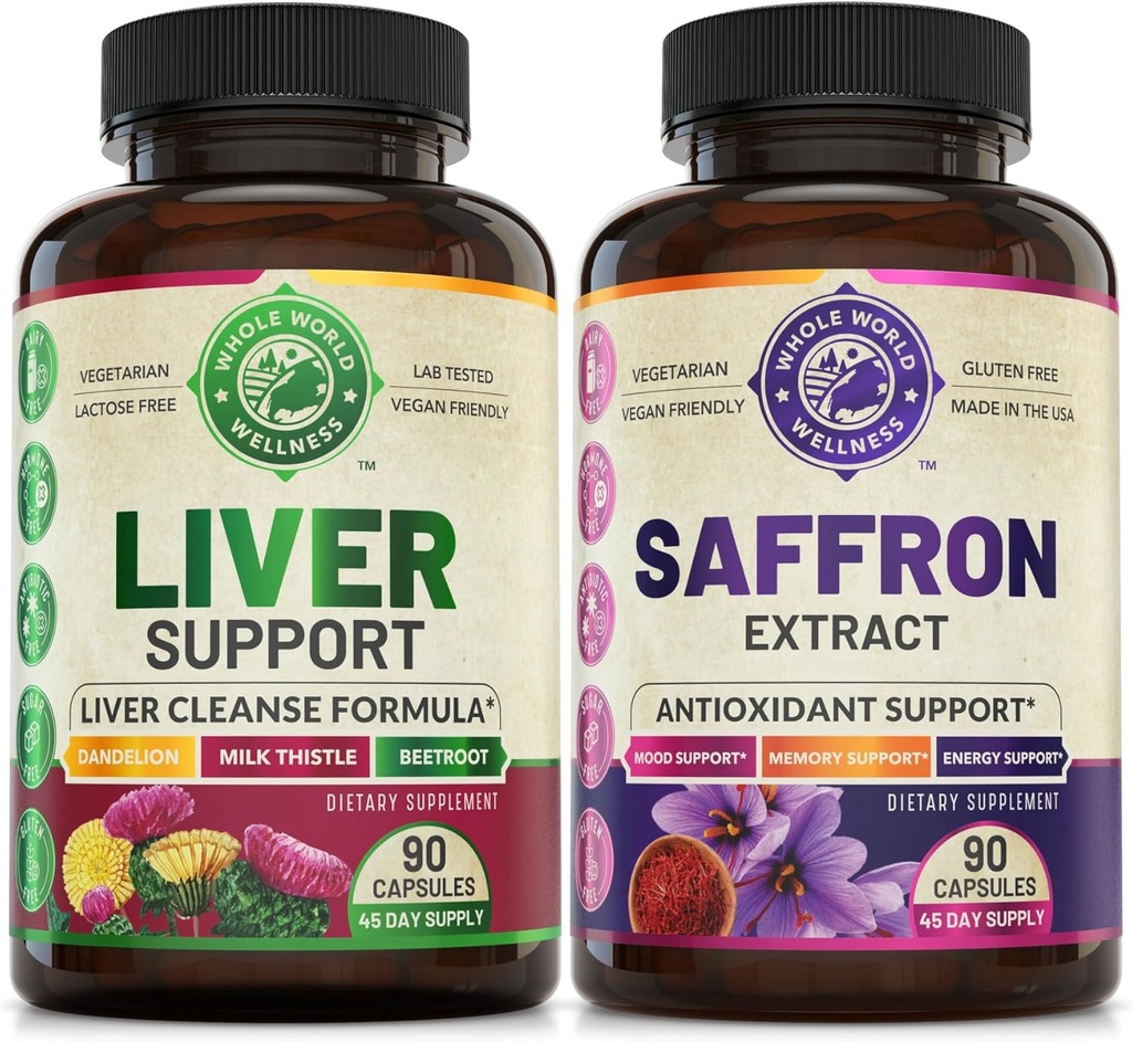 Liver Cleanse Detox Repair Formula y Pure Saffron Extract Bundle (One Bottle Cada uno). Soporta Salud del hígado, Boost de energía, Mood, Función metabólica. USA Made.
