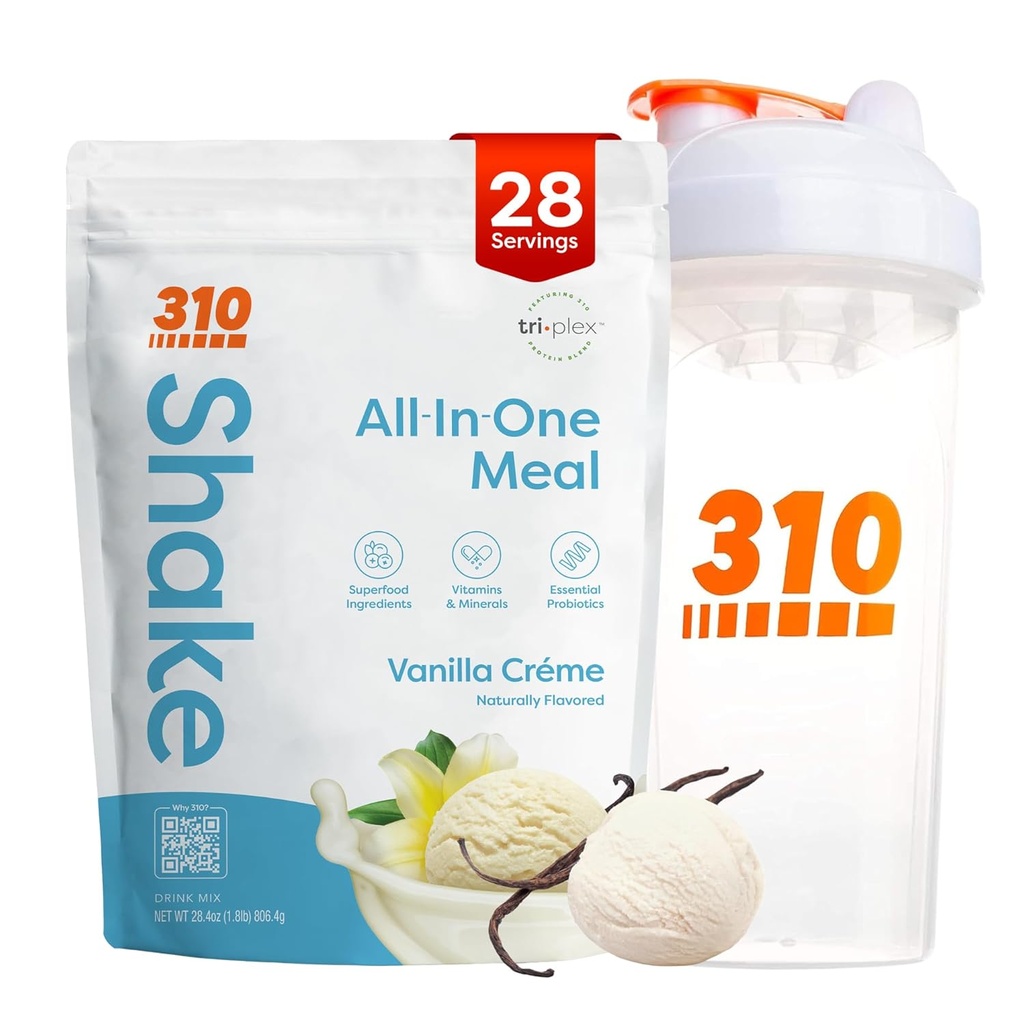 310 Nutrición All-in-One Meal Replacement Shake Powder w / Shaker Cup Starter Kit - High Protein Fiber Rich Vegan Superfood Blend - Sin azúcar, Keto & Paleo Friendly, Low Carb - Vanilla Creme 28 srv