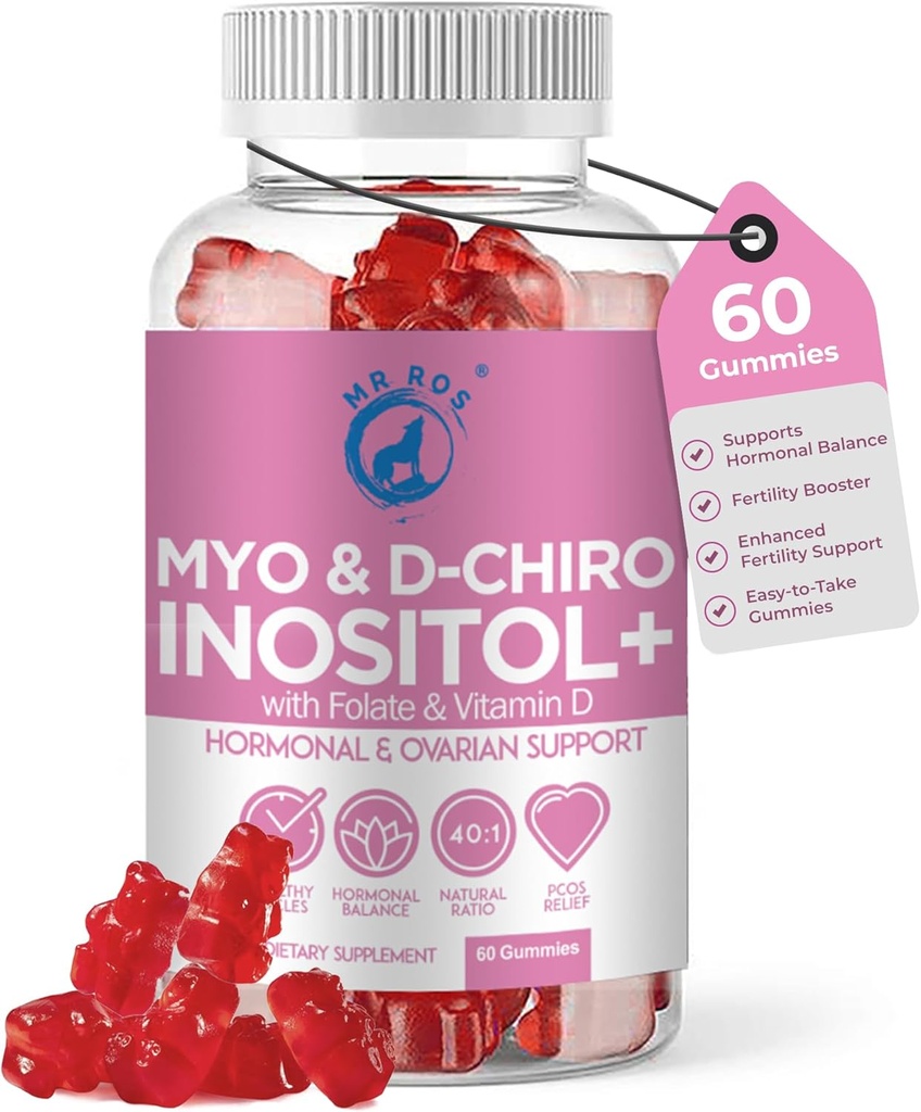Inositol Gummies PCOS con folato & vitamina D - Myo & D-Chiro Inositol Blend, 40:1 Ratio, 60 Strawberry Flavor Gummies - Happy Hormones