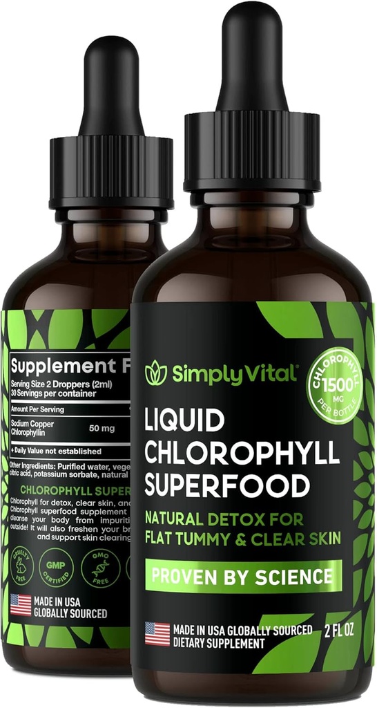 JustVital Chlorophyll Liquid Drops for Clear Skin & Energy Boost - Immune Support Supplement - Made in USA - Liquid Chlorophyll for Gut Health - Internal Deodorant - Antioxidant- 2 FL OZ