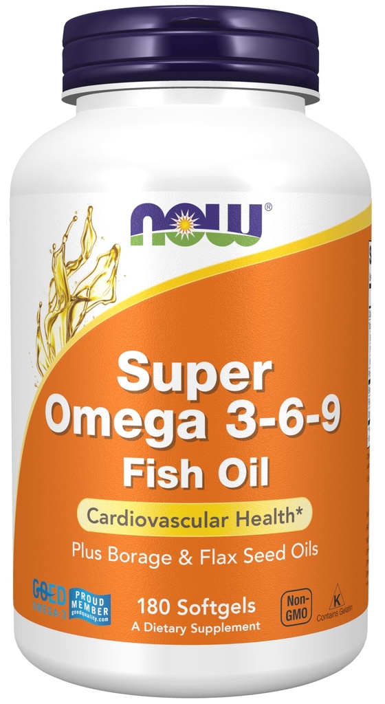 AHORA Suplementos de alimentos, Super Omega 3-6-9 1200 mg con una mezcla de aceites de semillas de pescado, borrado y lino, 180 Softgels