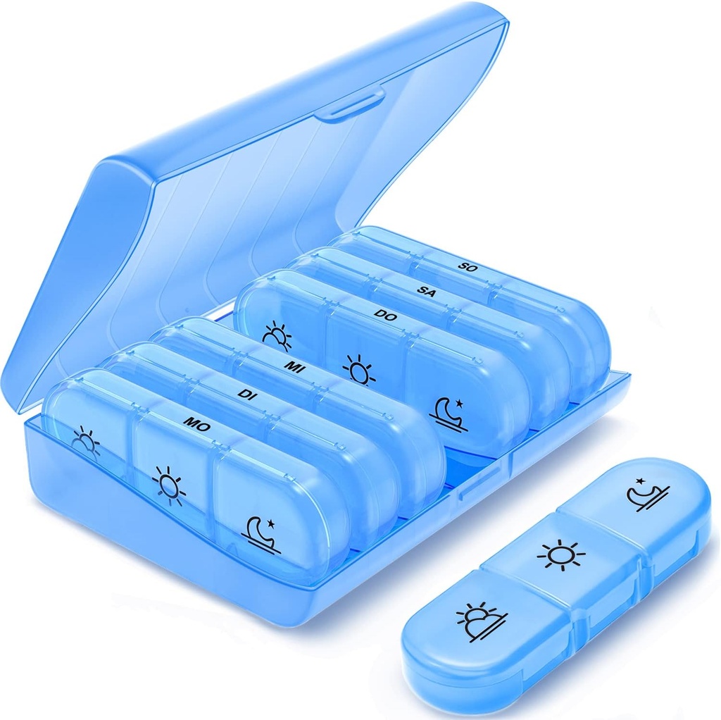 PULIV Organizador semanal de píldoras 3 veces al día, caja de píldoras portátiles 7 días con grandes contenedores de píldoras, caja de píldoras ligera para vitaminas, medicamentos, suplementos y aceites de pescado (lue)