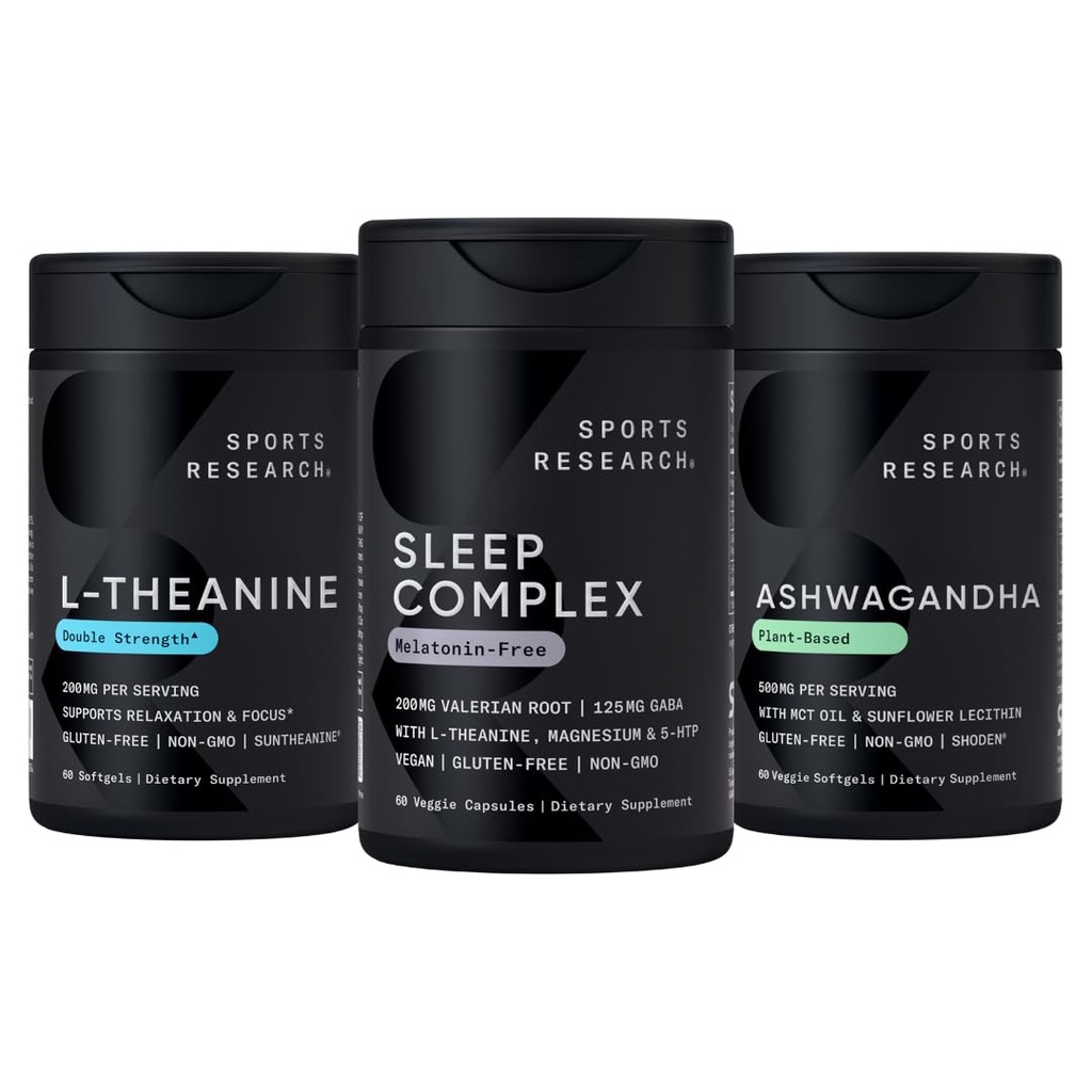 Sports Research Sleep Complex Melatonin-Free Vegan Capsules, Double Strength L-Theanine Supplement for Focus, Relaxation & Alertness and Ashwagandha Softgels for Relaxation, Calm &amp; Sleep Support