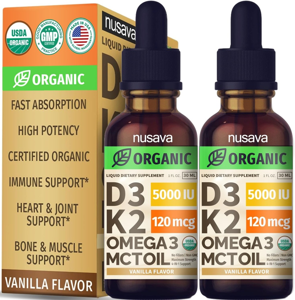 (2 Pack) Vitamina Orgánica D3 K2 gotas con aceite MCT Omega 3, 5000 UI - Maximum Strength Vitamin D Liquid, No Fillers, Líquido no GMO D3 para Absorción de Faster y Soporte Inmunitario (Vanilla, 1 Fl OZ x 2)