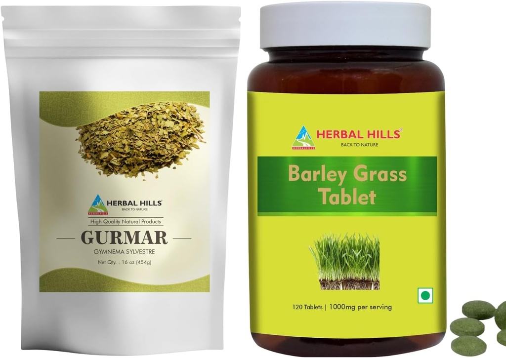 HERBAL HILLS Gurmar Tea Powder y Barley Grass Tablets Pack de 2 Combo