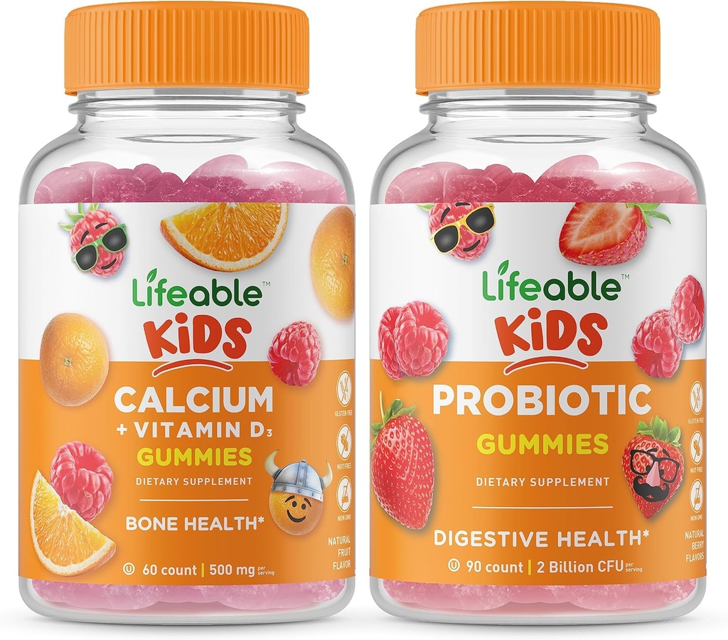 Calcio habitable con niños con vitamina D + Probiótico 2 Billones CFU Niños, Gluten Free, GMO Gratis, Chewable Gummy