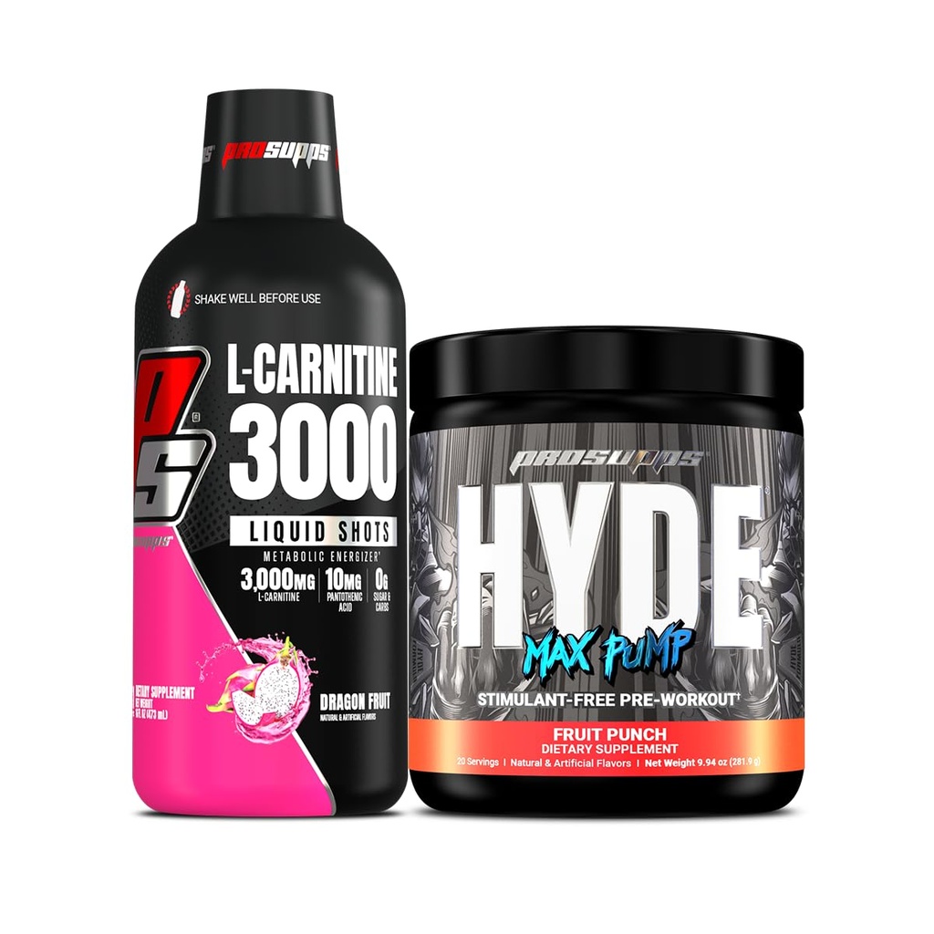 ProSupps L-Carnitine 3000 Liquid Shots & Hyde Max Pump Pre-Workout Bundle | Stimulant Free Liquid Shots (Dragon Fruit) & Pre-Workout Energy Powdered Drink (Fruit Punch)