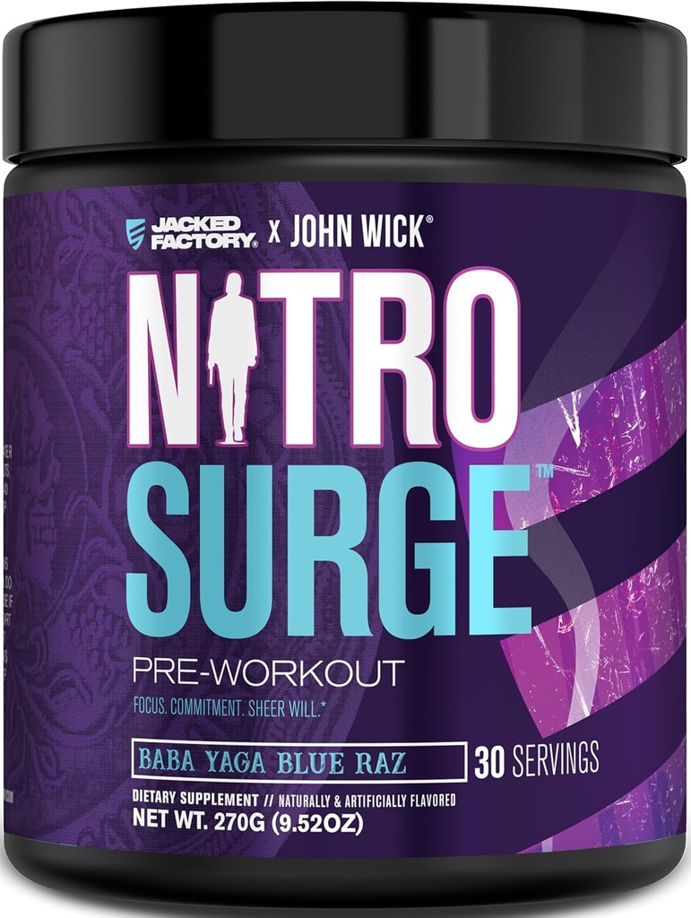 Jacked Factory X John Wick - Nitrosurge Wick Pre Workout Suplemento - Energía Intensa, Foco Leído de Batalla, Compromiso imparable, y Sheer Will - 30 Servimientos, Baba Yaga Blue Raz