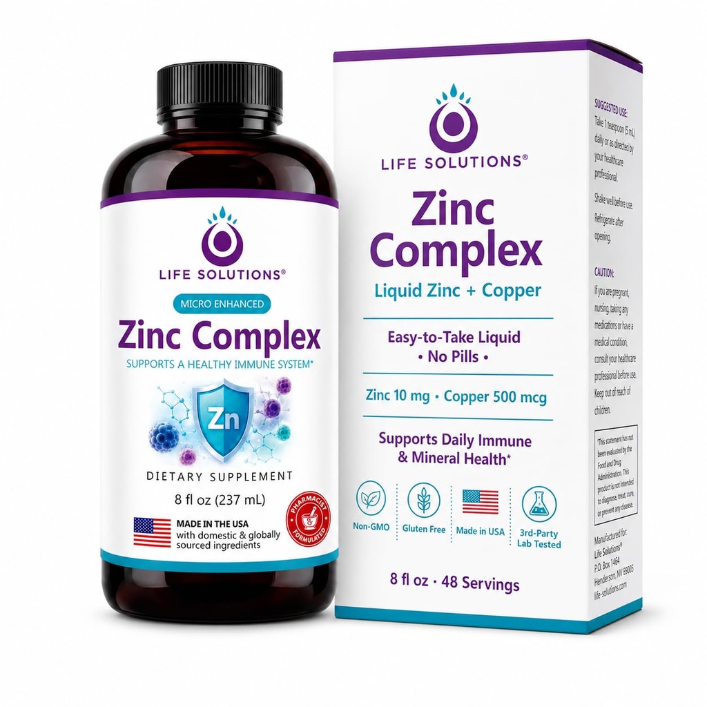Life Solutions Zinc Complex - Gluconate Zinc y Gluconate Copper para el soporte óptimo de inmunología &amp; salud - alta absorción Fórmula - Líquido 8oz-