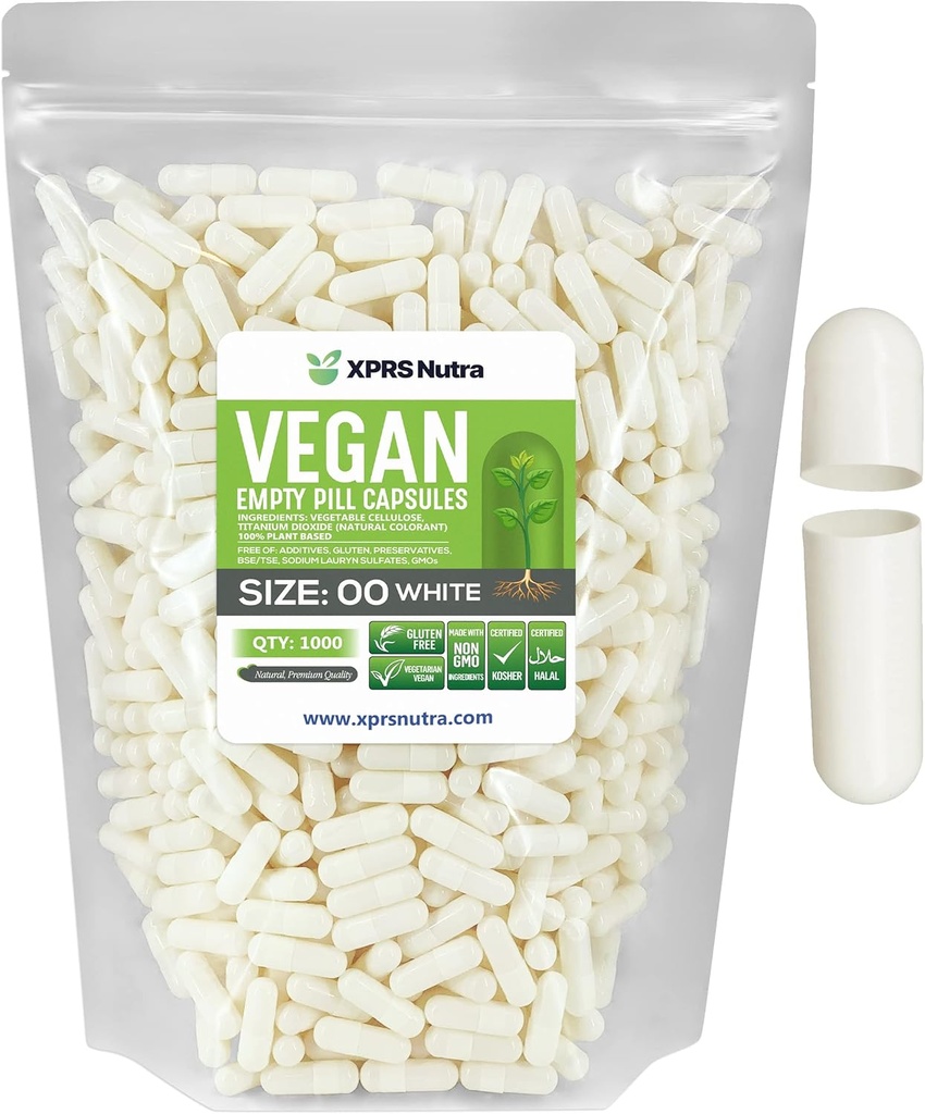 XPRS Tamaño Nutra 00 cápsulas vacías - 1000 condes de cápsulas vegas vacías - píldoras vegetarianas - DIY Vegetal Capsule Filling- Veggie Pill Caps for Do-It-youself Supplements (White)