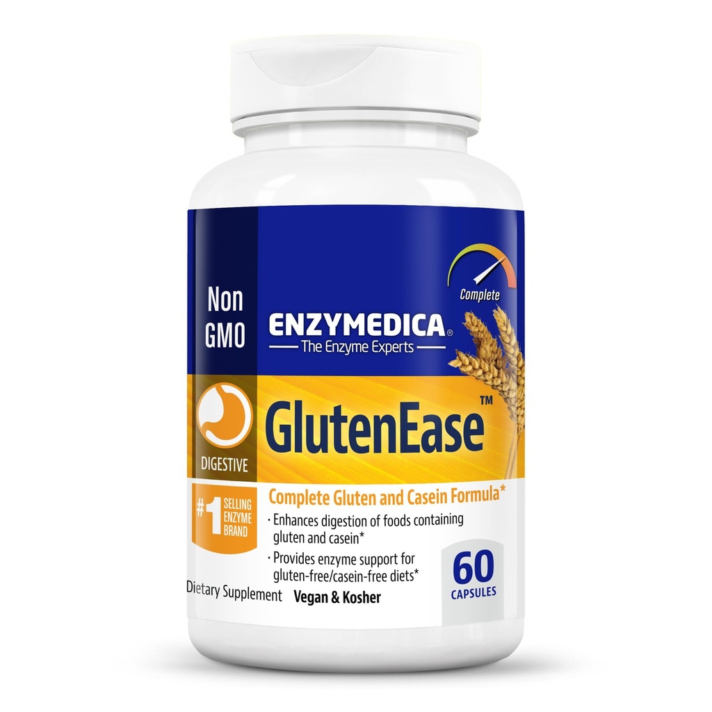 Enzymedica GlutenEase, Advanced Digestive Enzymes for Women and Men, Fast-Acting Formula for Bloating Relief & Digestive Health, Helps Break Down Gluten & Casein, 60 cápsulas