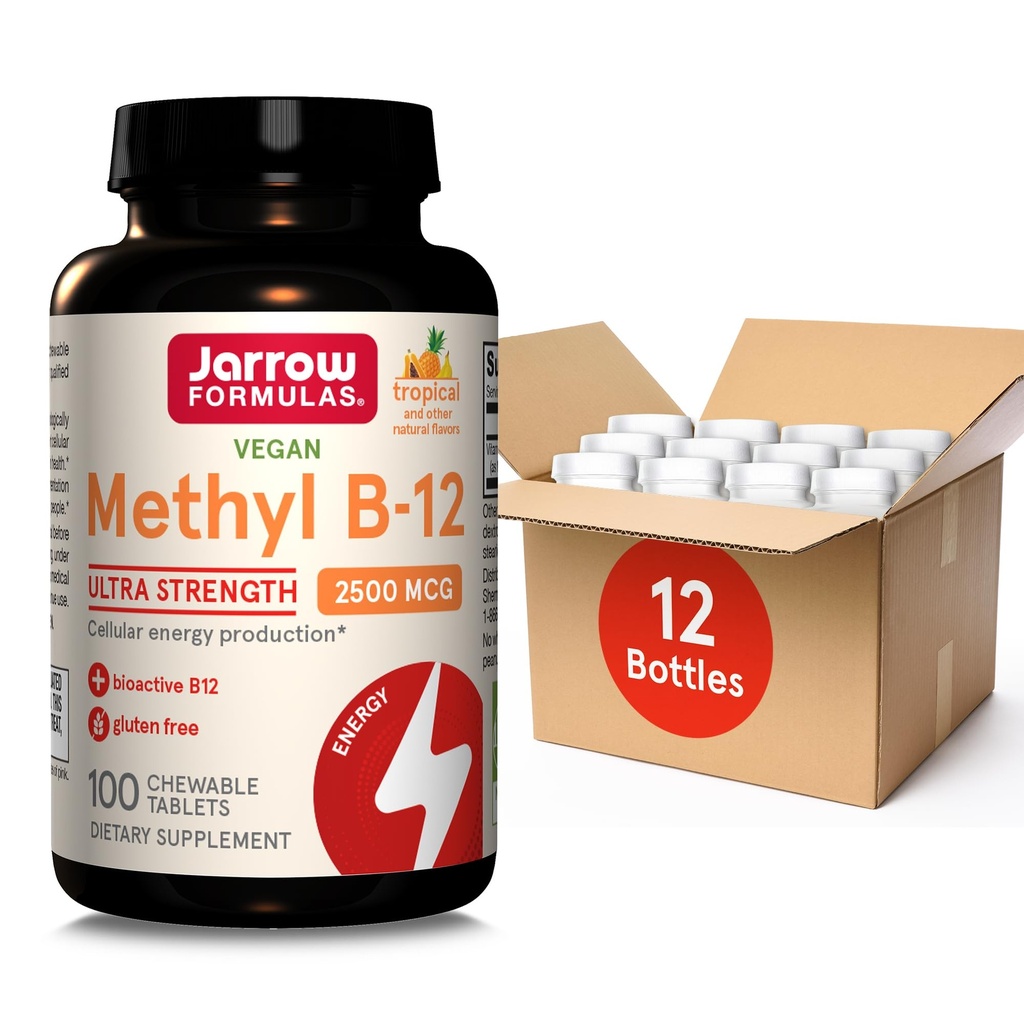 Jarrow Formulas Methyl B-12 Ultra Strength, Suplemento dietético para la producción de energía celular, 100 tabletas de sabor tropical, hasta un suministro de 100 días, paquete de 12