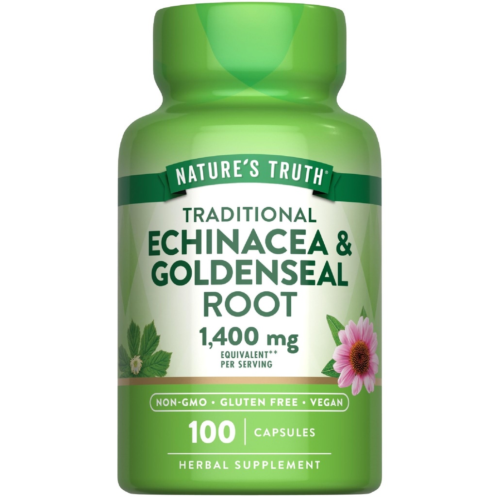 Verdad de la naturaleza Echinacea Goldenseal Capsules ← 1400mg Silencio 100 Conde Silencio Vegan, No Gluten Suplemento gratuito Silencioso Complejo de Apoyo Herbal