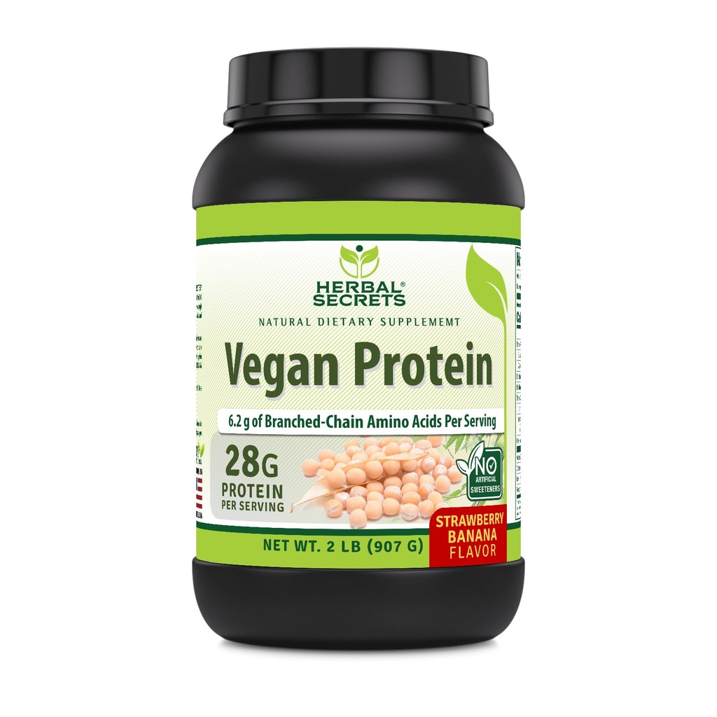 Herbal Secrets Vegan Protein ← 28 Grams Protein ← 23 Servings Silencio 6.2 Grams BCAA Suplemento confidencialidad Made in USA (2 Lb, Strawberry Banana)