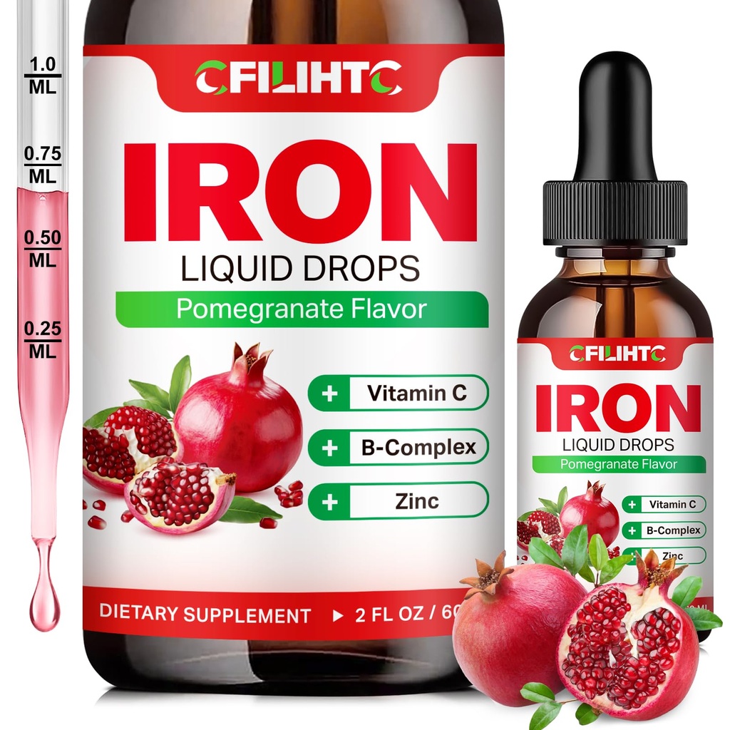 Suplemento de Hierro Líquido para Mujer Hombres &amp; Niños gotas de hierro multivitamínico con folato, vitamina C, B6, B12, zinc para la anemia, deficiencia de hierro, constructor de sangre, energía - sabor granada natural, Vegan 2 Fl Oz