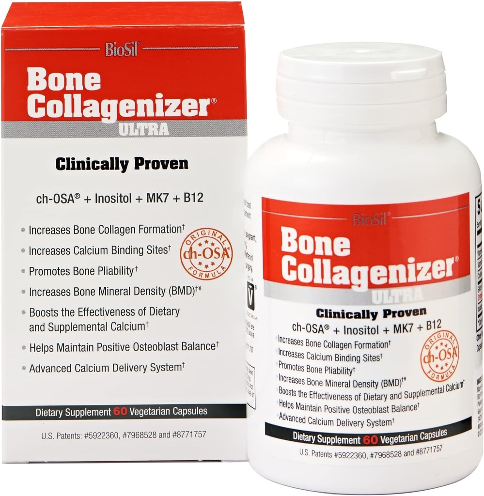 Biosil Bone Collagenizer Ultra - 60 Veggie Capsules - con Patented ch-OSA Complex + Choline, Inositol, MK7 & Vitamin B12 - GMO Free - 30-Day Supply