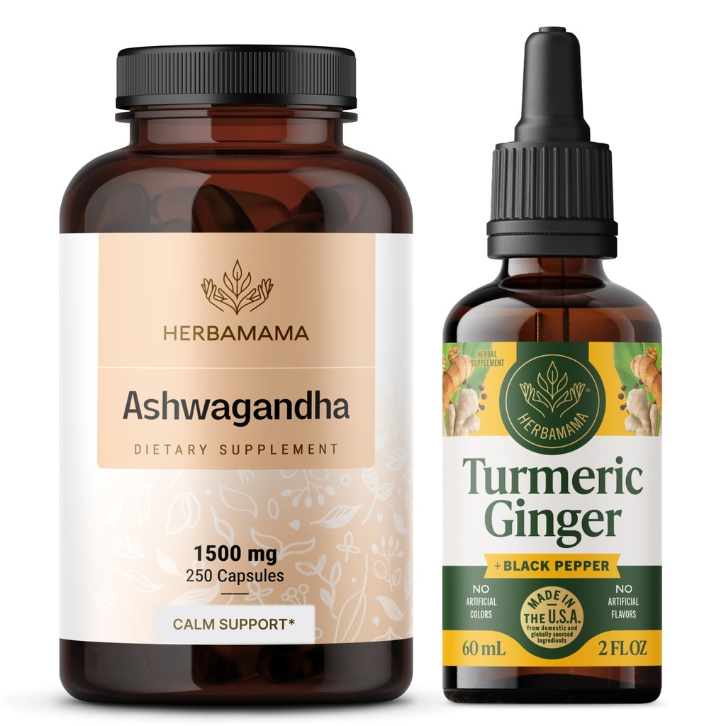 HerBAMAMA Ashwagandha y kit de jengibre tormérico - Agrupo de 1500 mg Ashwagandha Root Capsules " Turmeric Ginger Tincture 2 fl oz - Vegan, No GMO, Azúcar " Sin alcohol - 2 Pack