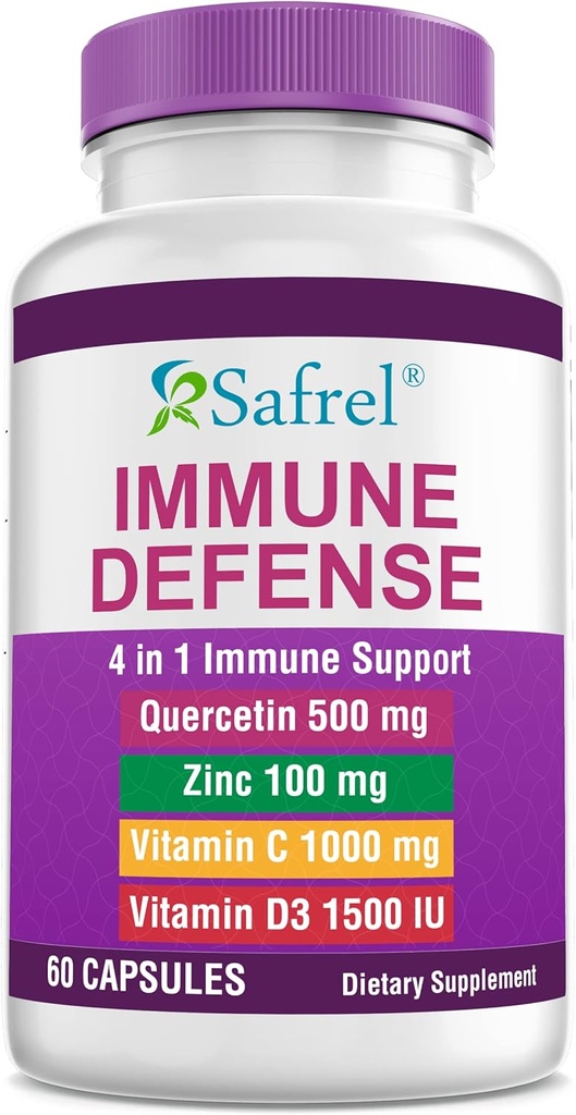 Safrel Strong Immune Support, Quercetin 500 mg, Zinc Picolinate100 mg, VitamatiC 1000 mg, Vitamina D3 1000 UI, 60 cápsulas, 1 mes de suministro permanente Hecho en EE.UU.