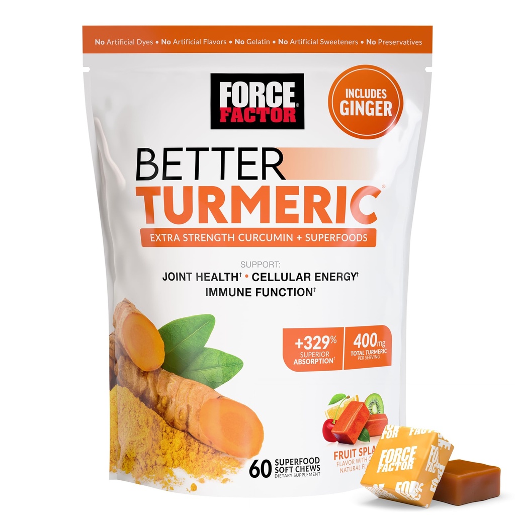 FACTOR DE FUERZA Mejor Suplemento Turmérico 400 mg con Pepper Negro &amp; jengibre, Soporte Conjunto de Fuerza Extra, Absorción Superior, Como Gummies Turméricas, Frutas Splash, 60 Chews Turméricos