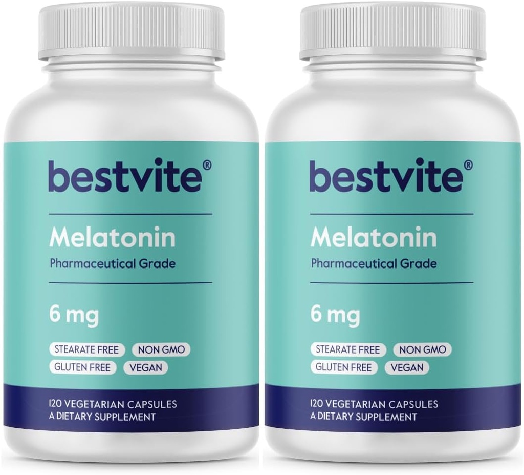 BESTVITE Melatonin 6mg (240 cápsulas vegetarianas) (120 x 2) - No Stearates - Vegan - No GMO - Gluten Gratis