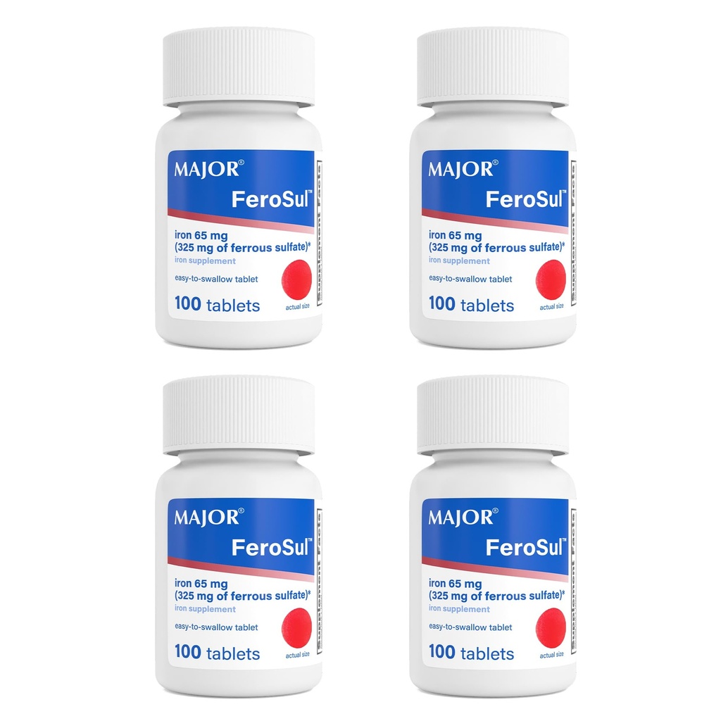 Major FeroSul - Sulfato ferroso 325 mg Tabletas - Suplemento de hierro para mujeres y hombres - Especialmente Coated Easy-to-Swallow Tablets - Rojo - 100 Conde (4 Pack)