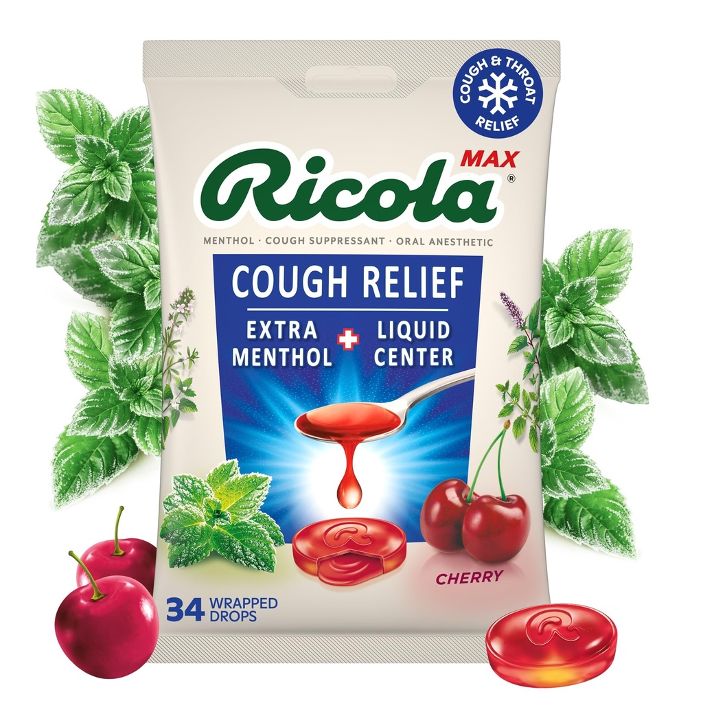 Ricola Max Swiss Cherry Throat Care Large Bag ← Tos Suppressant Drops ¦ Dual Action Liquid Center ← Soothing Long-Lasting Relief - 34 Count (Pack of 1)