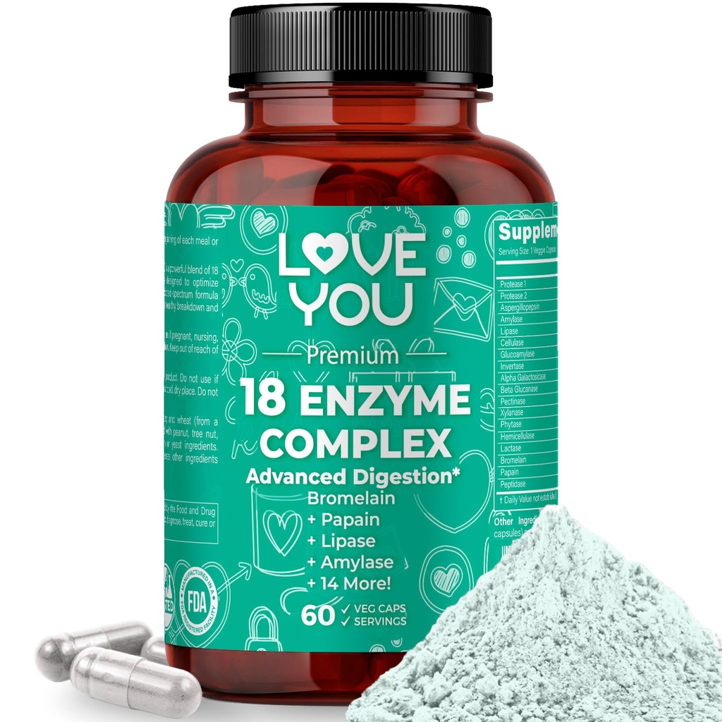 Love You 18 Complejo Enzyme – Enzimas Digestivas Basadas en Plantas para Mujeres &amp; Hombres Silenciosos Nutrientes Absorción " Confort Digestivo TEN 60 cápsulas Vegan Made in USA