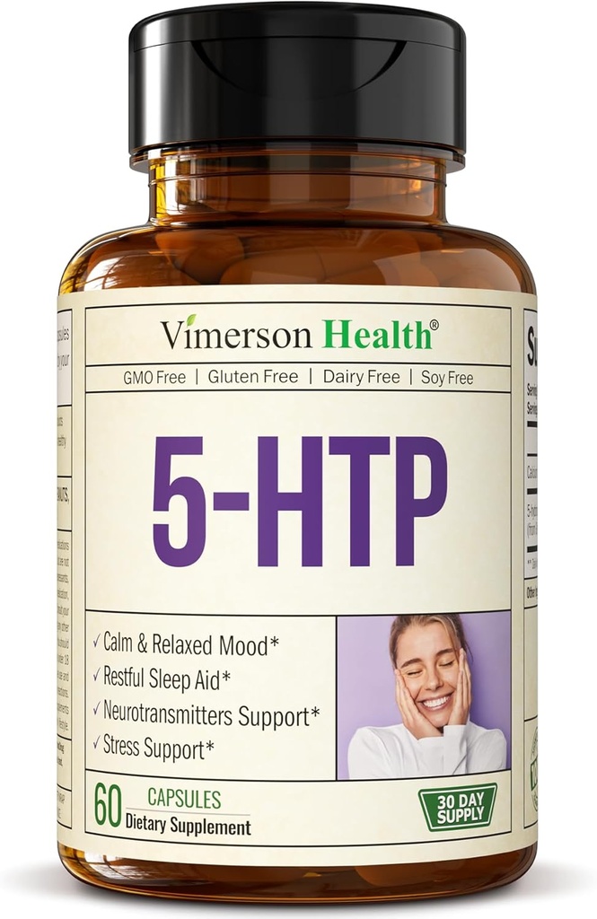 5HTP Suplementos de serotonina para hombres de mujeres. Ayuda al sueño y estrés ocasional - 5 HTP Más Suplemento 200 mg con Calcio para el sueño, Mood calma, " Apoyo neurotransmisor. 60 cápsulas hechas en EE.UU.