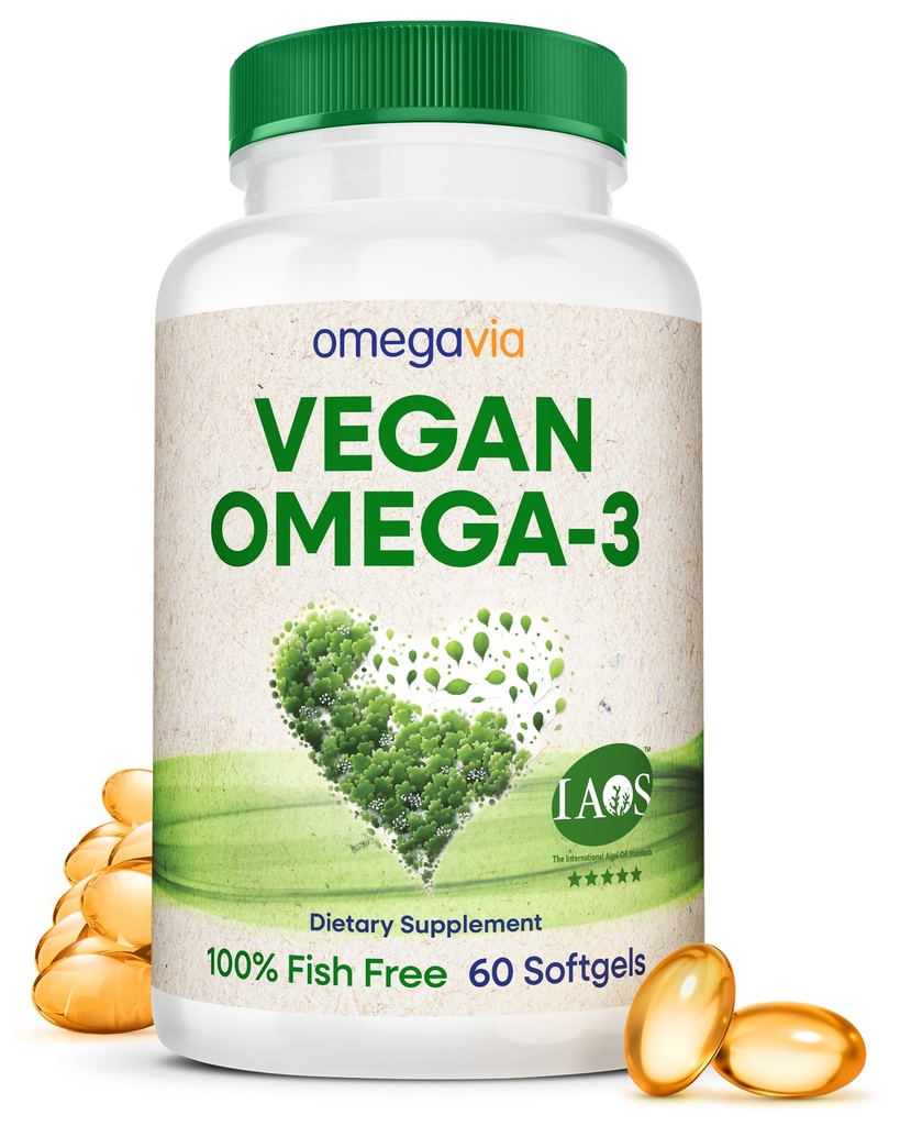 OmegaVia Vegan Omega 3 Suplemento, Algae Omega 3 Fish Oil Alternative, 300mg Vegan DHA Fatty Acids, Plant Based, Planet and Ocean Friendly, IAOS 5 Star Tested, 60 Softgels