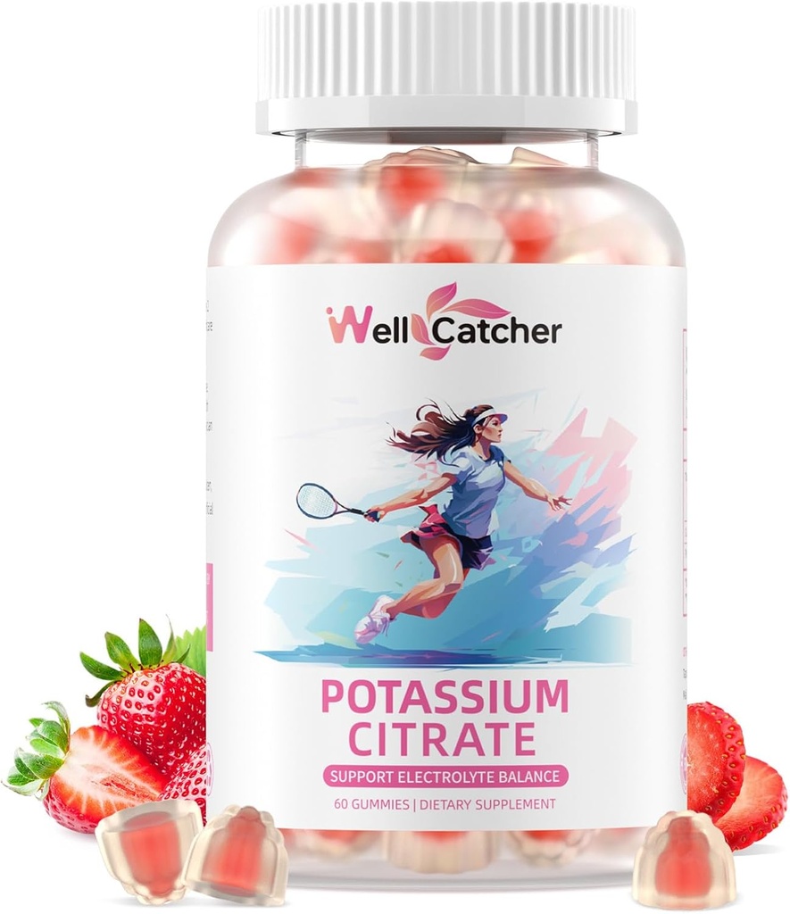 Potasio Gummies Suplemento Hombre Mujeres - Potasio Alto Citrate Gummies Azúcar Gratis para Adultos Kids Support Leg Cramps Electrolyte Balance Vegan Non-GMO Orgánica Fresa Sabor 60 Condes