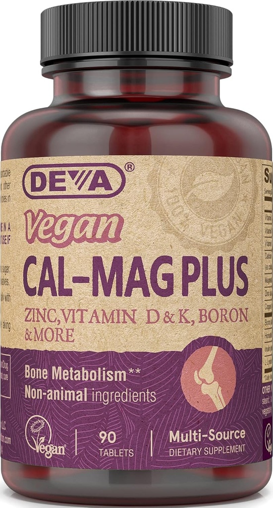 DEVA Suplemento de magnesio de calcio vegano, más zinc, vitaminas C, D &amp; K, hierro, 90 tabletas