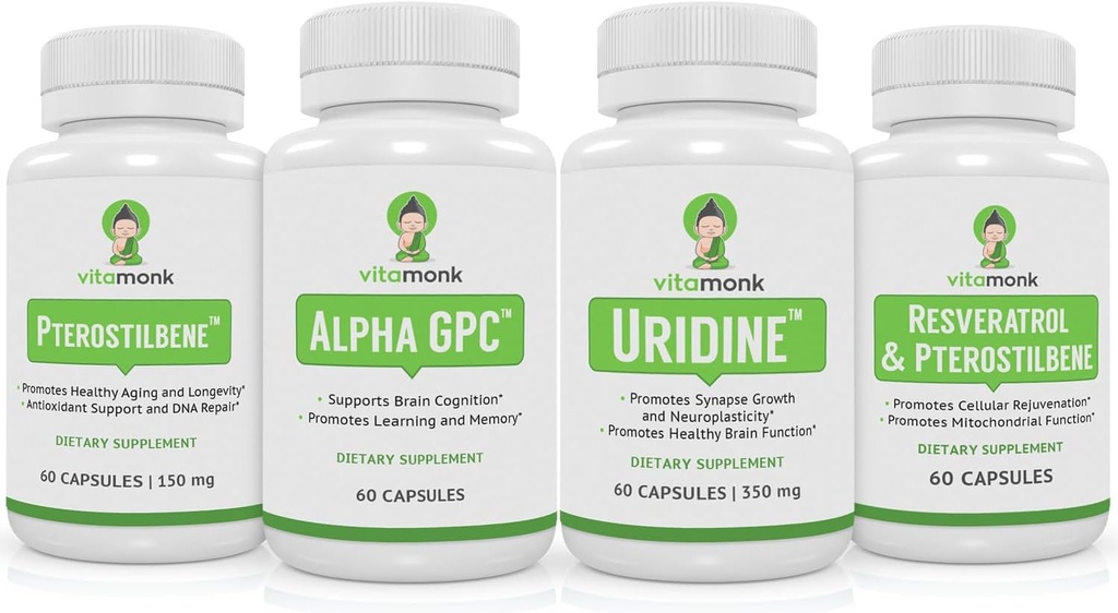 VitaMonk Resveratrol, Pterostilbene, Alpha GPC y Uridine Bundle - Longevity and Brain Boosting Stack
